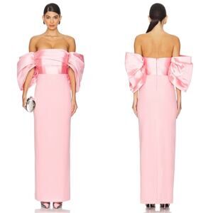 SOLACE LONDON Aria Off the Shoulder Puff Sleeve Ruched Pink Maxi Dress Size 0